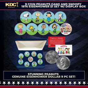 9 Coin Charlie Brown Peanuts Gang and Snoopy 1976 Eisenhower $1 Set w/ Display Box Other Toy