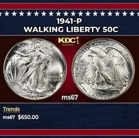 1941-p Walking Liberty Half Dollar 50c ms67 SEGS