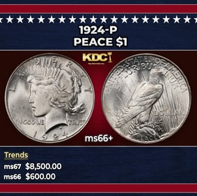 1924-p Peace Dollar $1 ms66+ SEGS