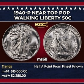 1940-p Walking Liberty Half Dollar Near Top Pop 50c ms68 SEGS