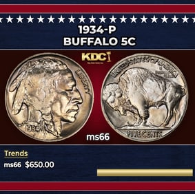 1934-p Buffalo Nickel 5c Grades ms66