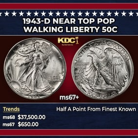 1943-d Walking Liberty Half Dollar Near Top Pop 50c ms67+ SEGS