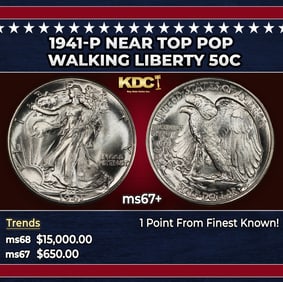 1941-p Walking Liberty Half Dollar Near Top Pop 50c ms67+ SEGS
