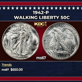 1942-p Walking Liberty Half Dollar 50c ms67 SEGS