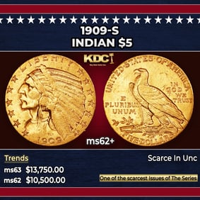 1909-s Gold Indian Half Eagle $5 ms62+ USCG