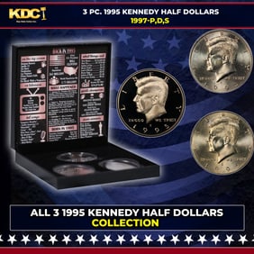Complete 3 PC. 1995 Kennedy Half Dollar 50c set In Custom Box W/ Special Backer Card BU & Proof