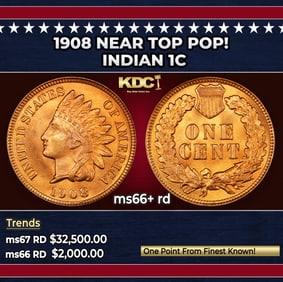 1908 Indian Cent Near Top Pop! 1c ms66+ rd SEGS