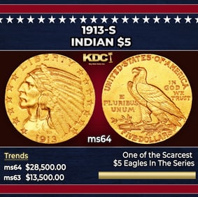 1913-s Gold Indian Half Eagle $5 ms64 USCG