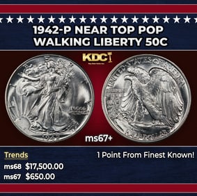 1942-p Walking Liberty Half Dollar Near Top Pop 50c ms67+ SEGS