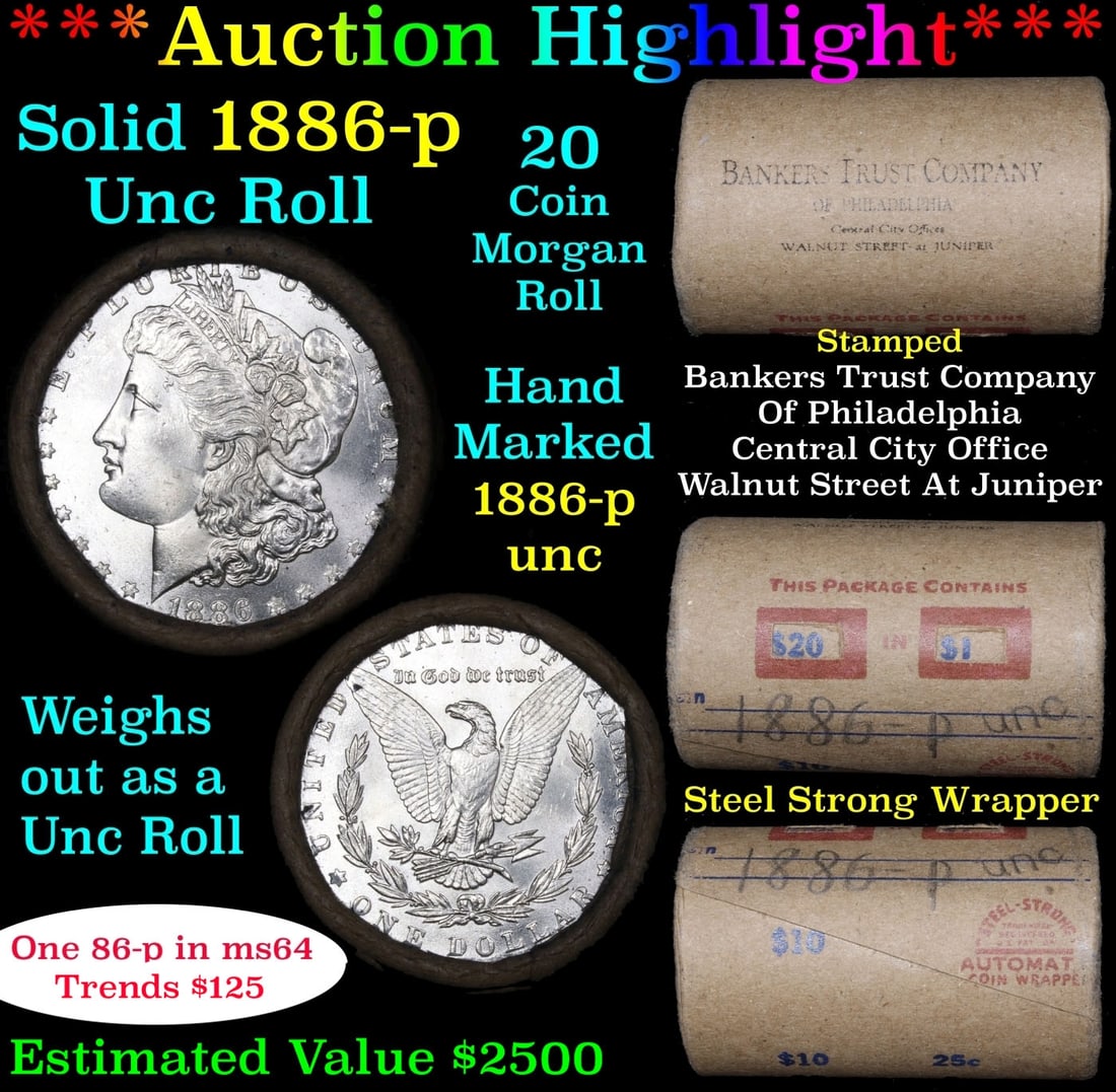 Full solid date 1886-p Uncirculated Morgan silver dollar roll, 20 coins (1 of 6)