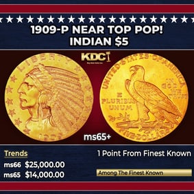 1909-p Gold Indian Half Eagle Near Top Pop! $5 ms65+ USCG