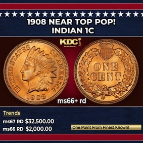 1908 Indian Cent Near Top Pop! 1c ms66+ rd SEGS