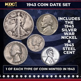 1943 WWII 5 Coin Date Set, 1 Of Each Type Of Coin Minted in 1943
