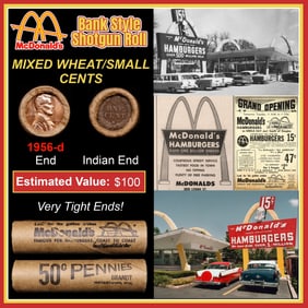 Lincoln Wheat Cent 1c Mixed Roll Orig Brandt McDonalds Wrapper, 1956-d end, Indian other end