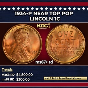 1934-p Lincoln Cent Near Top Pop 1c ms67+ rd SEGS