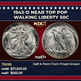 1943-d Walking Liberty Half Dollar Near Top Pop 50c ms67+ SEGS