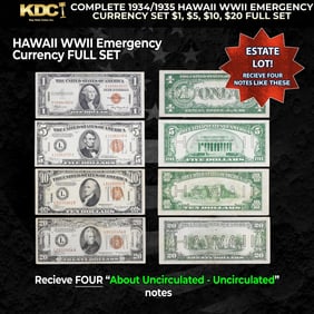 Complete 1934/1935 Hawaii WWII Emergency Currency Set $1, $5, $10, $20 FULL SET Grades AU/CU