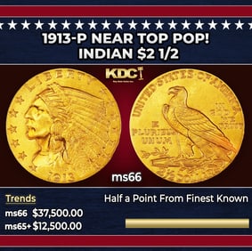 1913-p Gold Indian Quarter Eagle Near Top Pop! $2 1/2 ms66 USCG