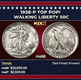 1938-p Walking Liberty Half Dollar TOP POP! 50c ms68 SEGS