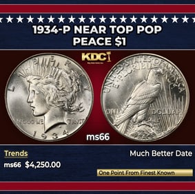 1934-p Peace Dollar Near Top Pop $1 ms66 SEGS
