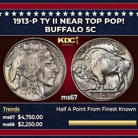 1913-p Ty II Buffalo Nickel Near Top Pop! 5c ms67 SEGS