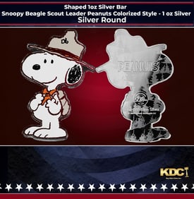 Shaped 1oz Silver Bar - Snoopy Beagle Scout Leader Peanuts Colorized Style - 1 oz Silver Round Round