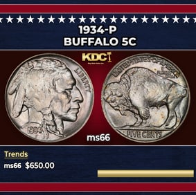 1934-p Buffalo Nickel 5c Grades ms66