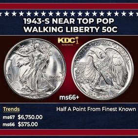 1943-s Walking Liberty Half Dollar Near Top Pop 50c ms66+ SEGS