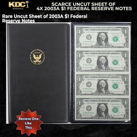 Scarce Uncut Sheet of 4x 2003A $1 Federal Reserve Notes In World Reserve Monetary Exchange Folder