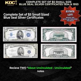 Complete Set of $5 Small Size Blue Seal Silver Certficates 1934 & 1953 Grades AU/CU