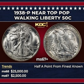 1938-p Walking Liberty Half Dollar Near Top Pop 50c ms67+ SEGS