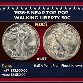 1936-s Walking Liberty Half Dollar Near Top Pop 50c ms67 SEGS