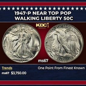 1947-p Walking Liberty Half Dollar Near Top Pop 50c ms67 SEGS