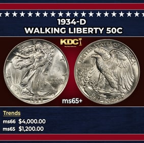 1934-d Walking Liberty Half Dollar 50c ms65+ SEGS