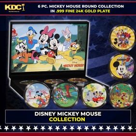 6 PC. Mickey Mouse & Friends Gold Plated Round Collection In Custom Box W/ Special Backer card