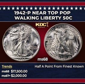 1942-p Walking Liberty Half Dollar Near Top Pop 50c ms68 SEGS
