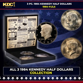 Complete 3 PC. 1984 Kennedy Half Dollar 50c set In Custom Box W/ Special Backer Card BU & Proof