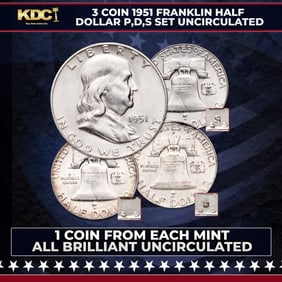 3 Coin 1951 Franklin Half Dollar P,D,S Set Uncirculated