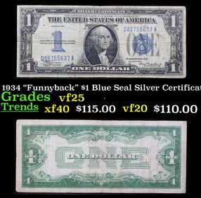 1934 $1 Blue Seal Silver Certificate "Funnyback" Grades vf+