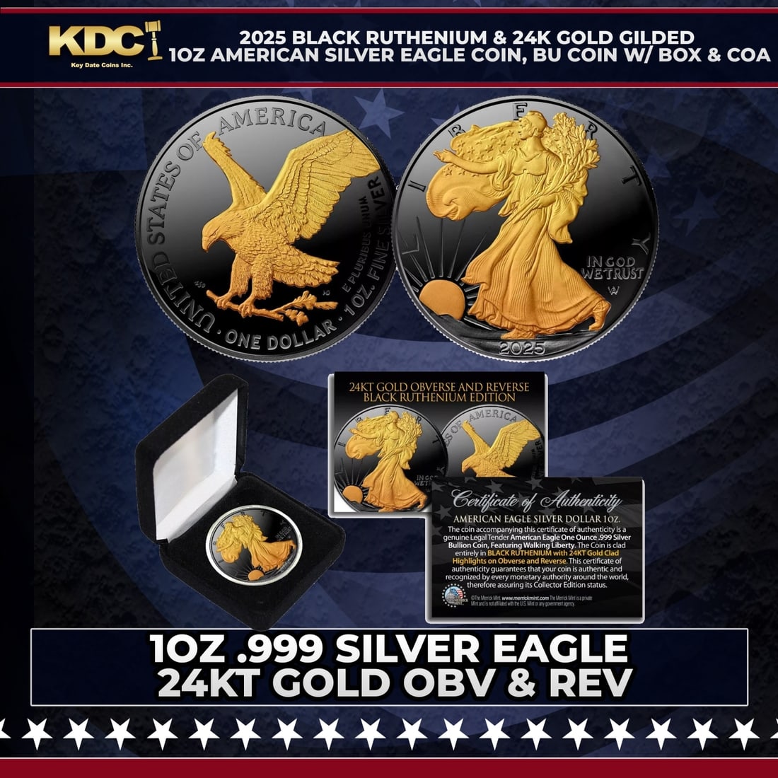 2025 Black Ruthenium & 24K Gold Gilded 1oz American Silver Eagle Coin, BU Coin w/ Box & COA Other (1 of 2)