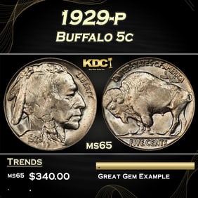 1929-p Buffalo Nickel 5c Grades ms65