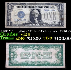 1928B $1 Blue Seal Silver Certificate "Funnyback" Grades vf+