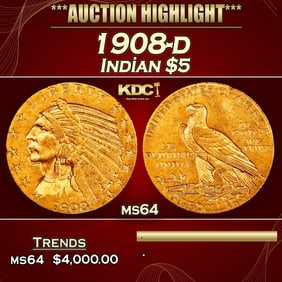 1908-d Gold Indian Half Eagle $5 ms64 USCG