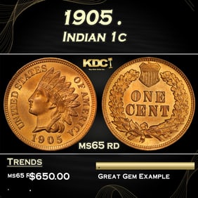 1905 Indian Cent . 1c Grades ms65 rd