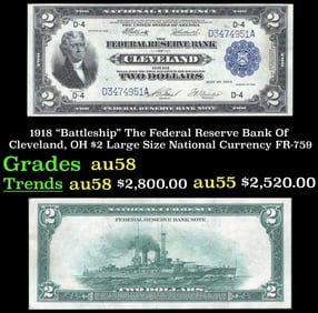 1918 $2 Large Size National Currency "Battleship" The Federal Reserve Bank Of Cleveland, OH Grades
