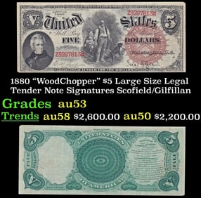 1880 $5 Large Size Legal Tender Note "WoodChopper" Grades Select AU Signatures Scofield/Gilfillan