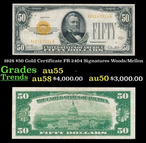 1928 $50 Gold Certificate FR-2404 Signatures Woods/Mellon Grades Choice AU
