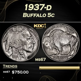 1937-d Buffalo Nickel 5c ms67 SEGS