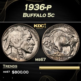 1936-p Buffalo Nickel 5c ms67 SEGS