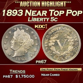 1893 Proof Liberty Nickel Near Top Pop 5c pr67 SEGS